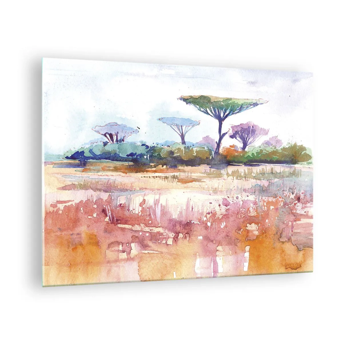 Obraz na skle - Akvarelová savanová krajina so stromami a vegetáciou - 70x50cm - Farby savany - Moderná nástenná dekorácia do obývacej izby a spálne ARTTOR