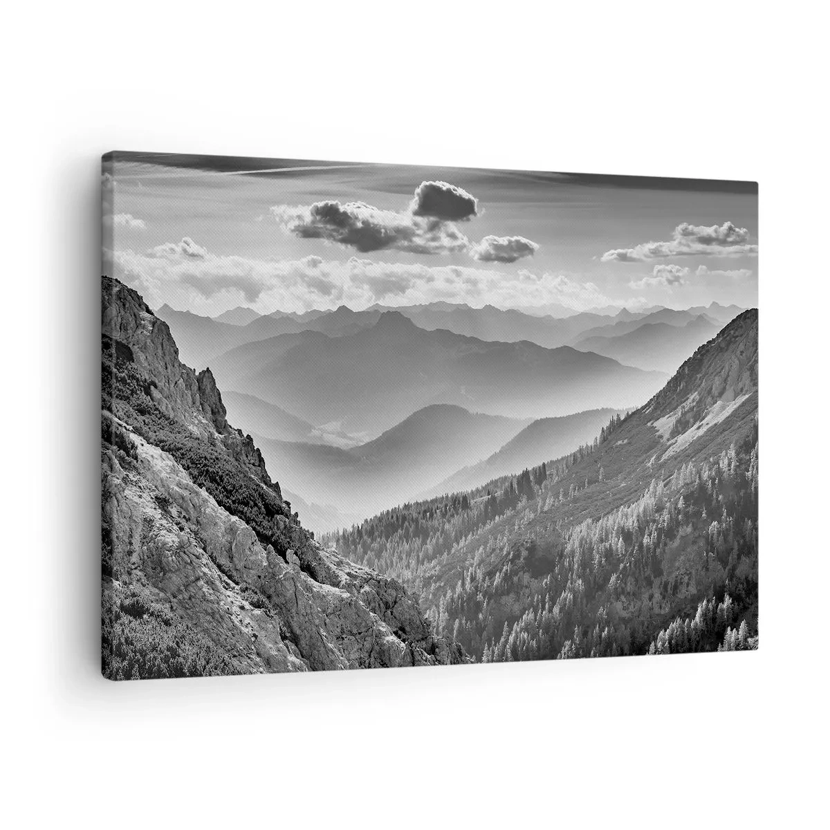 Obraz na plátne - Čiernobiela horská krajina s oblakmi nad vrcholmi - 70x50cm - Až k horizontu - Moderná nástenná dekorácia do obývacej izby a spálne ARTTOR
