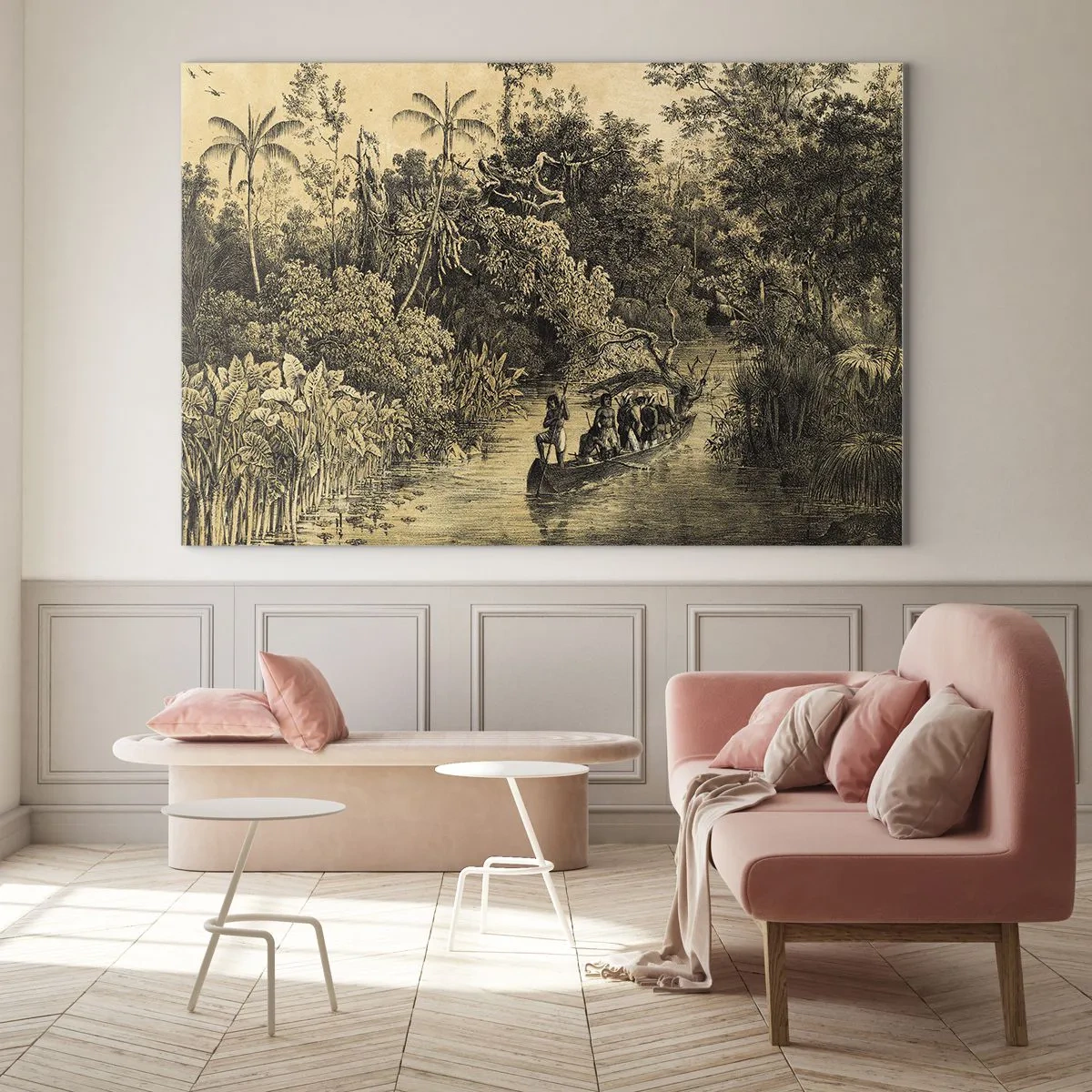 Obraz na skle - Retro potlač zobrazujúca cestu džungľou - 70x50cm - Výlet k zdroju - Moderná nástenná dekorácia do obývacej izby a spálne ARTTOR