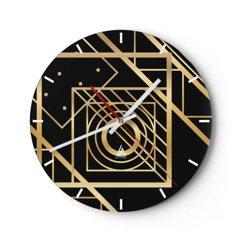 Nástenné hodiny - Zlatý geometrický vzor na čiernom pozadí - 30x30cm - Zlatá geometria - Moderná nástenná dekorácia do obývacej izby, kuchyne a spálne ARTTOR