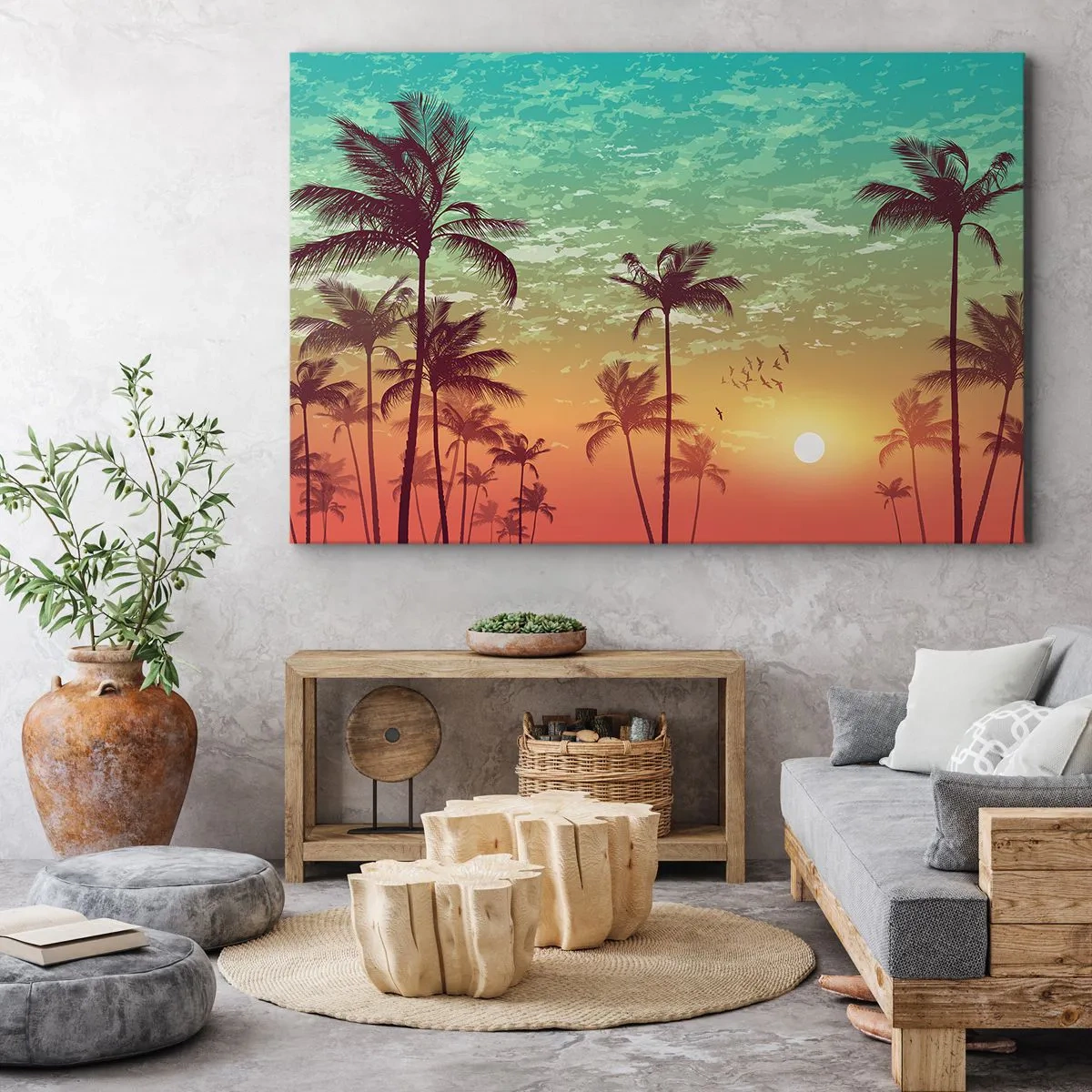 Obraz na plátne - Západ slnka s palmami na pozadí farebnej oblohy - 70x50cm - Tropická klíma - Moderná nástenná dekorácia do obývacej izby a spálne ARTTOR