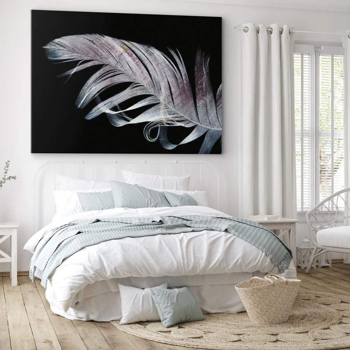 Obraz na plátne - Jemné pierko na čiernom pozadí v umeleckom prístupe - 70x50cm - Premýšľajte o dotyku - Moderná nástenná dekorácia do obývacej izby a spálne ARTTOR