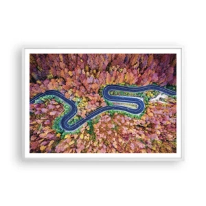 Plagát v bielom ráme - Kľukatá cesta lesom - 100x70 cm