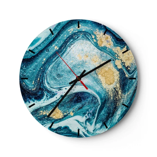 Nástenné hodiny - Abstraktný vír v odtieňoch modrej a zlatej s mramorovým efektom. - 30x30cm - Modrý vír - Moderná nástenná dekorácia do obývacej izby, kuchyne a spálne ARTTOR