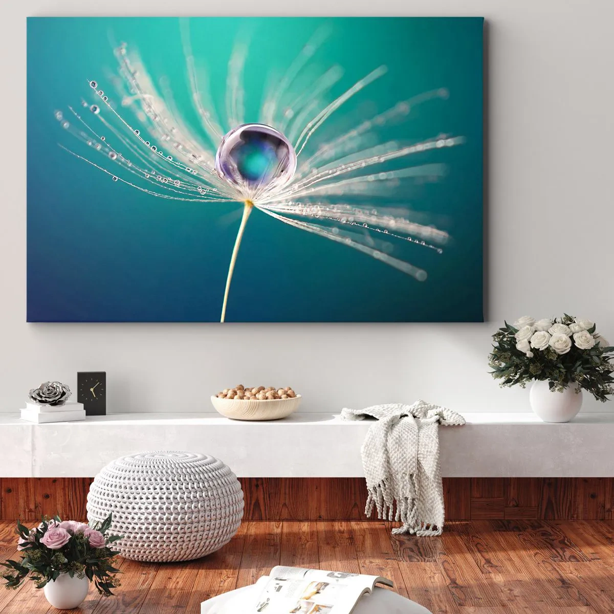 Obraz na plátne - Makro kvapky vody na jemnom semienku púpavy - 70x50cm - Mystický okamih - Moderná nástenná dekorácia do obývacej izby a spálne ARTTOR