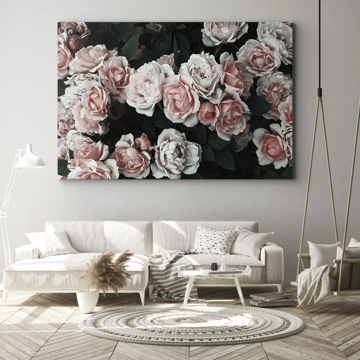 Obraz na plátne - Ružové ruže na tmavom pozadí v jemnej kompozícii - 70x50cm - Ružový ansámbl - Moderná nástenná dekorácia do obývacej izby a spálne ARTTOR
