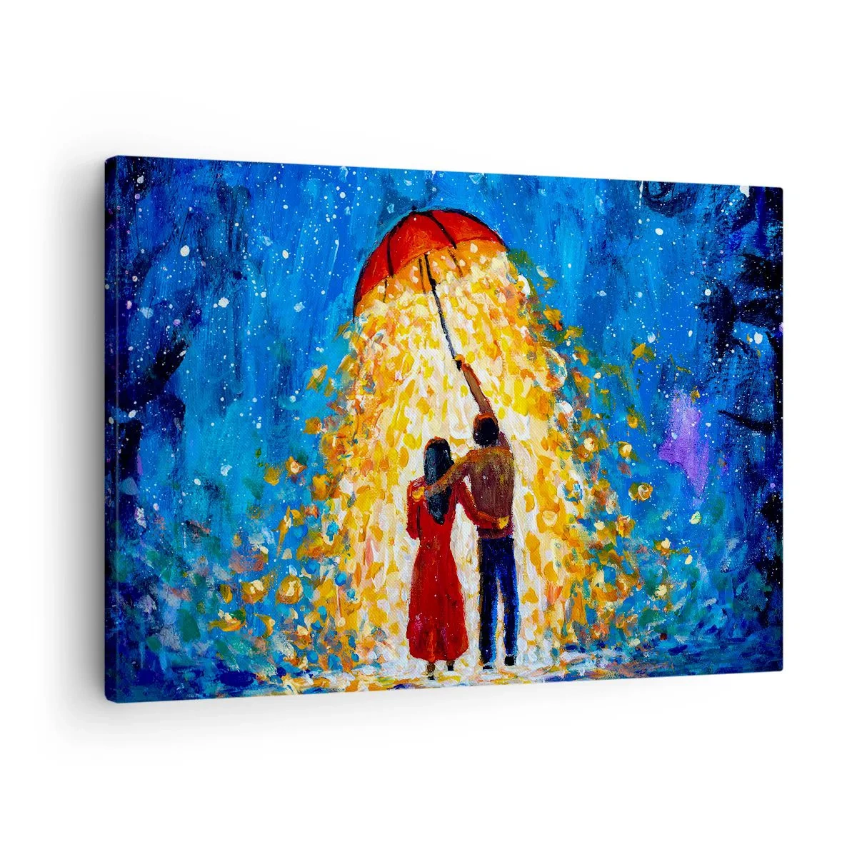 Obraz na plátne - Pár pod červeným dáždnikom v svietiacom daždi - 70x50cm - Mágia daždivého večera? - Moderná nástenná dekorácia do obývacej izby a spálne ARTTOR