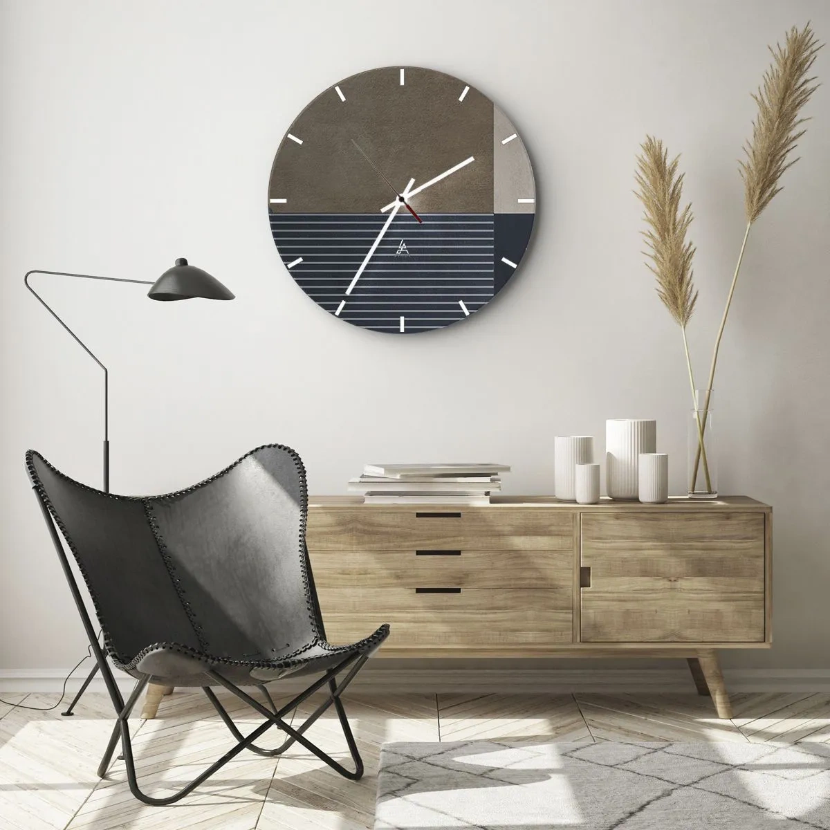 Nástenné hodiny - Minimalistické usporiadanie farieb a čiar v geometrickom tvare - 30x30cm - Kompozícia jednoduchosti a guľatosti - Moderná nástenná dekorácia do obývacej izby, kuchyne a spálne ARTTOR