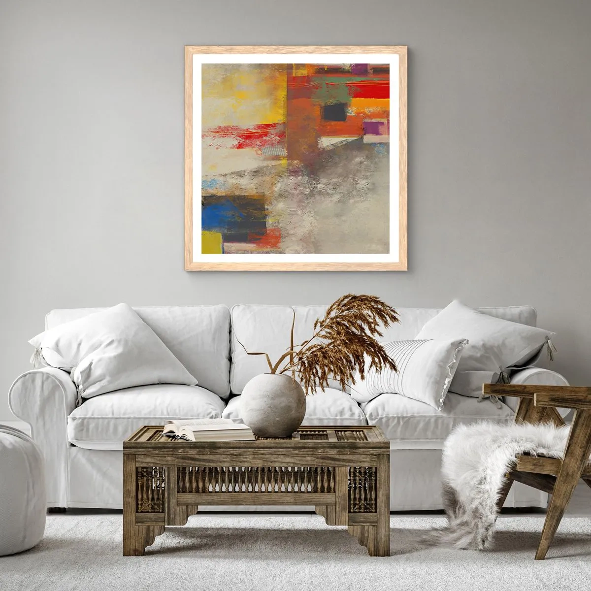 Plagát v ráme zo svetlého duba - Geometria farieb - 60x60 cm
