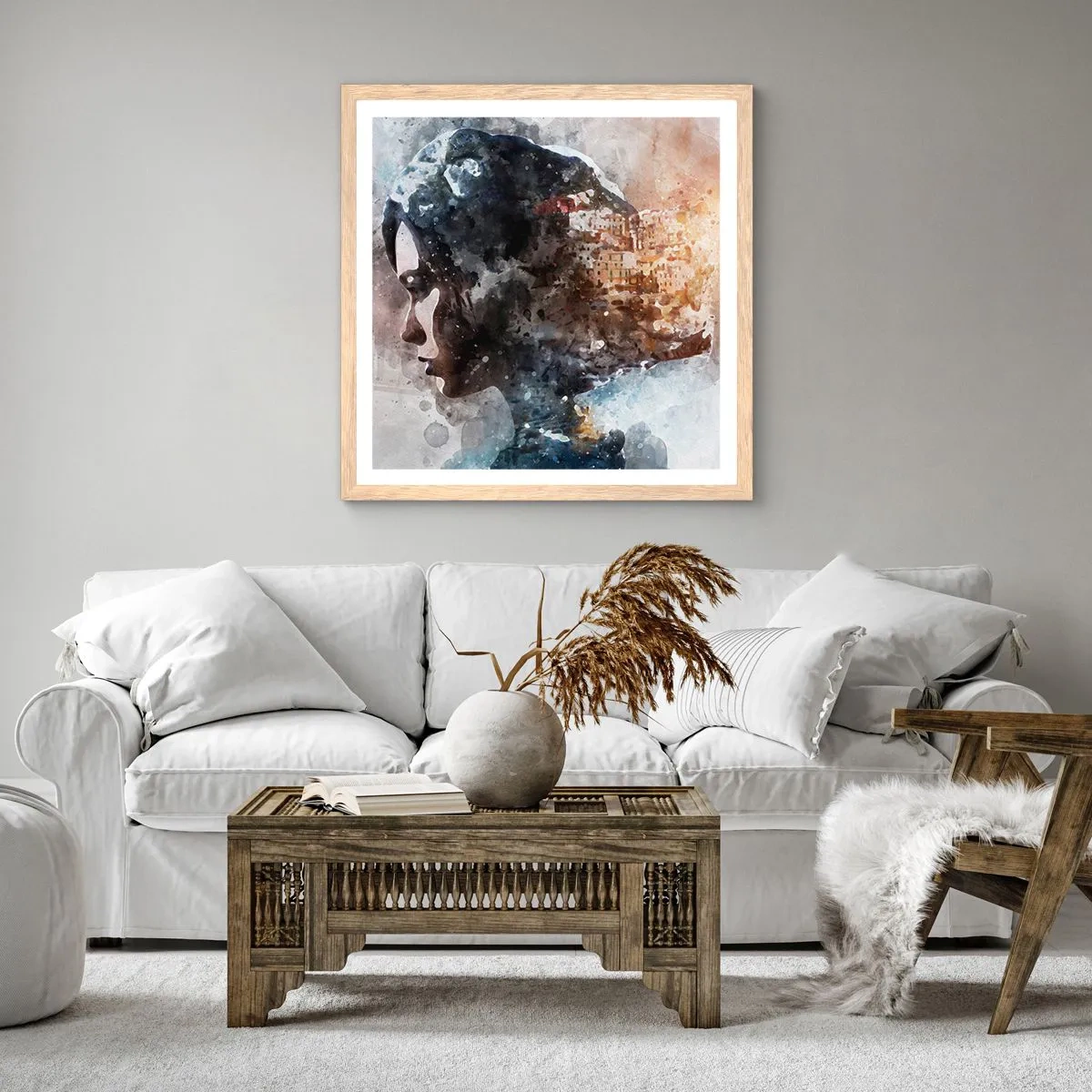 Plagát v ráme zo svetlého duba - Príbeh o dievčati s mestom v pozadí - 40x40 cm