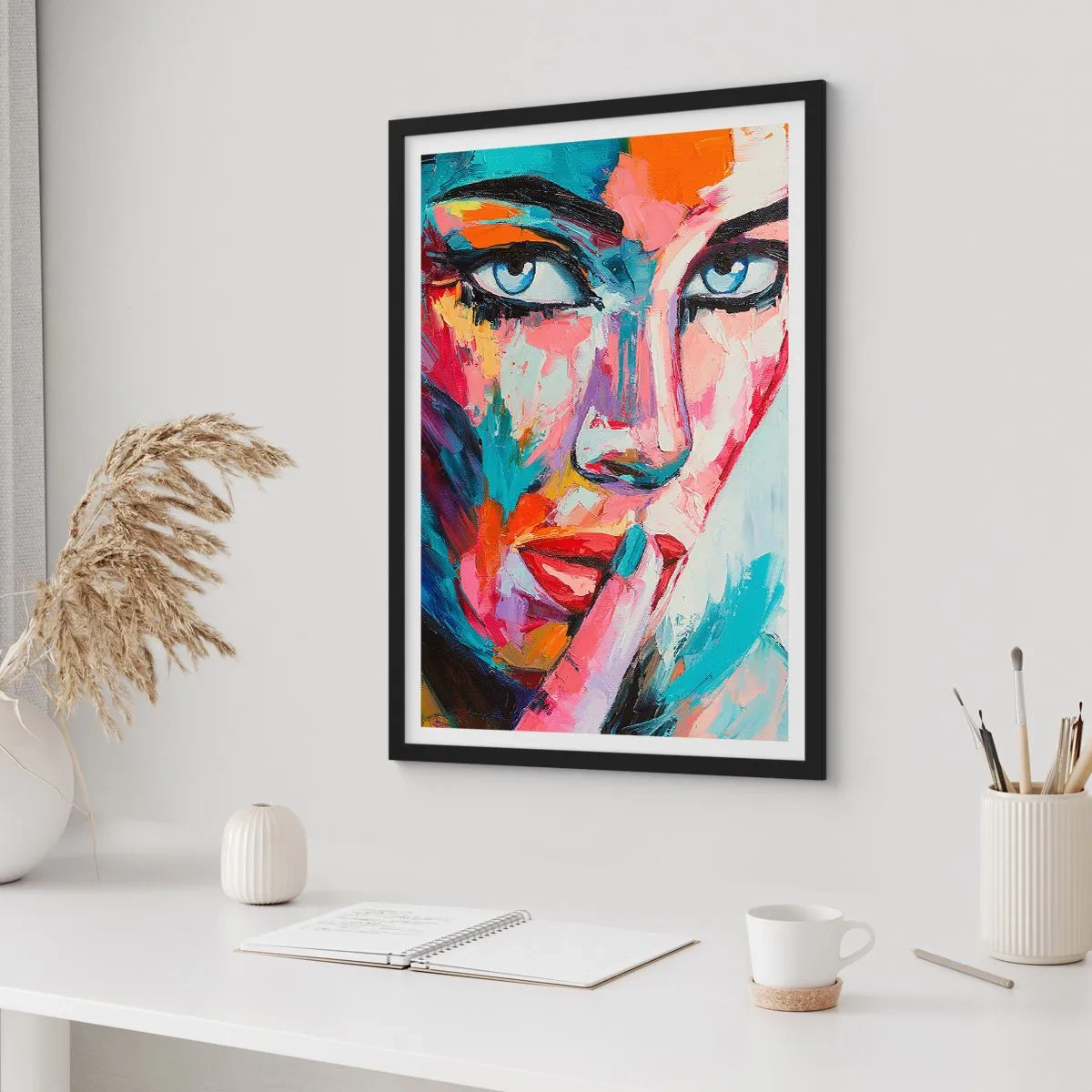 Plagát v čiernom ráme - Farebný portrét ženy v expresívnom štýle - 50x70cm - Naše prvé tajomstvo - Moderná nástenná dekorácia do obývacej izby a spálne ARTTOR