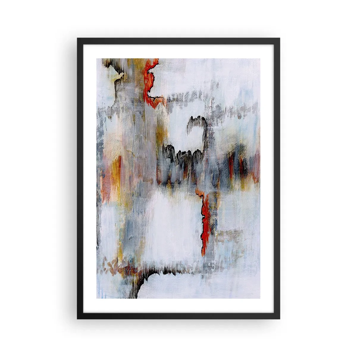 Plagát v čiernom ráme - Abstraktná kompozícia s odtieňmi sivej a červenej farby. - 50x70cm - Paličkou po vode - Moderná nástenná dekorácia do obývacej izby a spálne ARTTOR