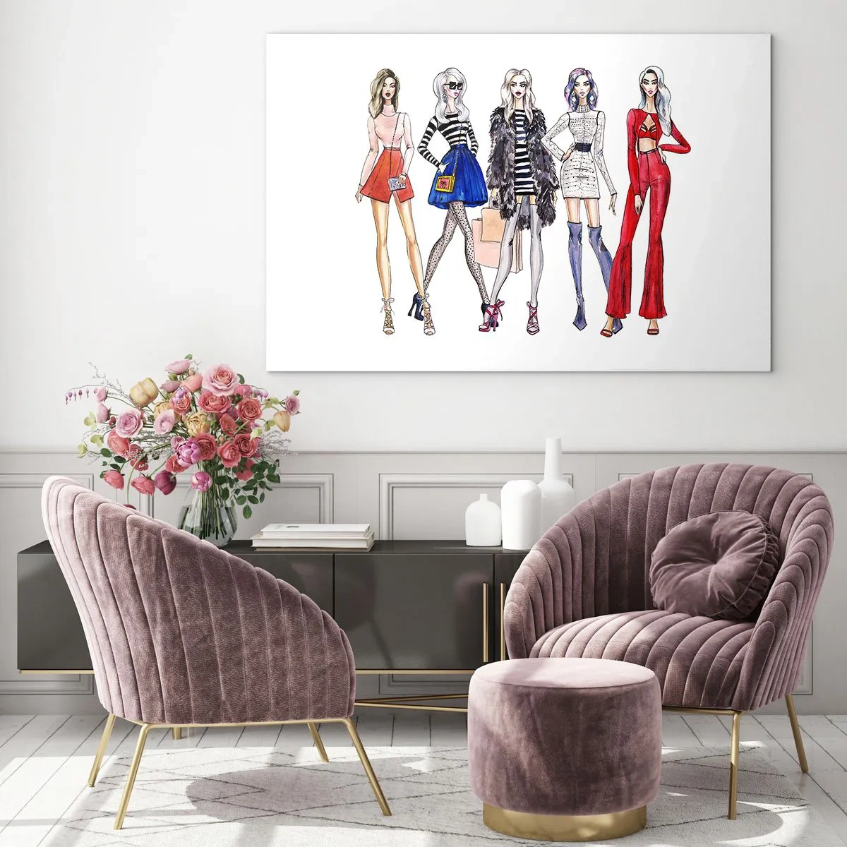 Obraz na skle - Módne postavy v štýlových outfitoch na ilustrácii - 70x50cm - Every week Fashion Week - Moderná nástenná dekorácia do obývacej izby a spálne ARTTOR