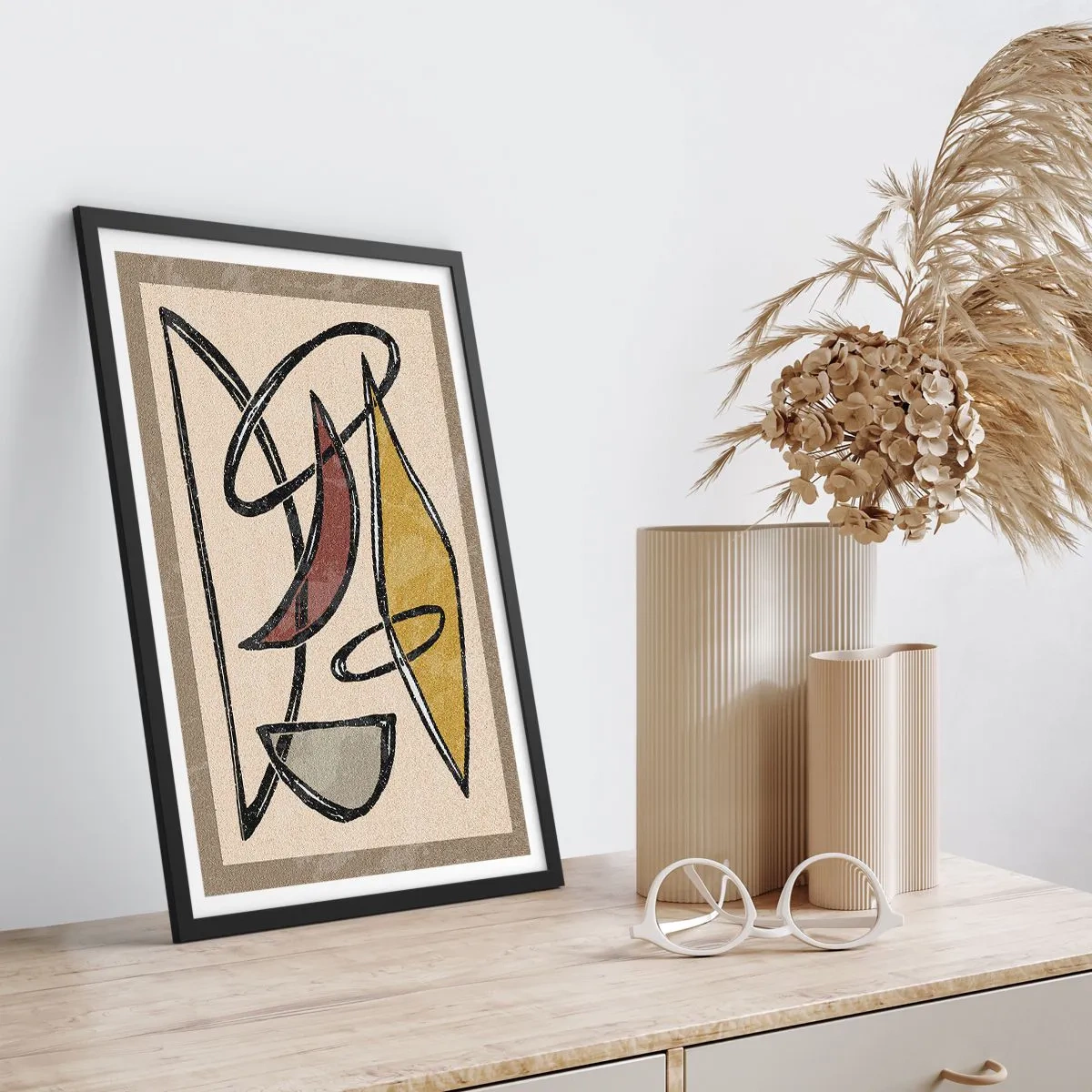 Plagát v čiernom ráme - Geometrická abstrakcia v odtieňoch béžovej a hnedej - 50x70cm - Zvisle a vodorovne - Moderná nástenná dekorácia do obývacej izby a spálne ARTTOR