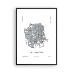 Plagát v čiernom ráme - Minimalistická mapa San Francisca v čiernobielej farbe. - 50x70cm - Anatómia San Francisca - Moderná nástenná dekorácia do obývacej izby a spálne ARTTOR