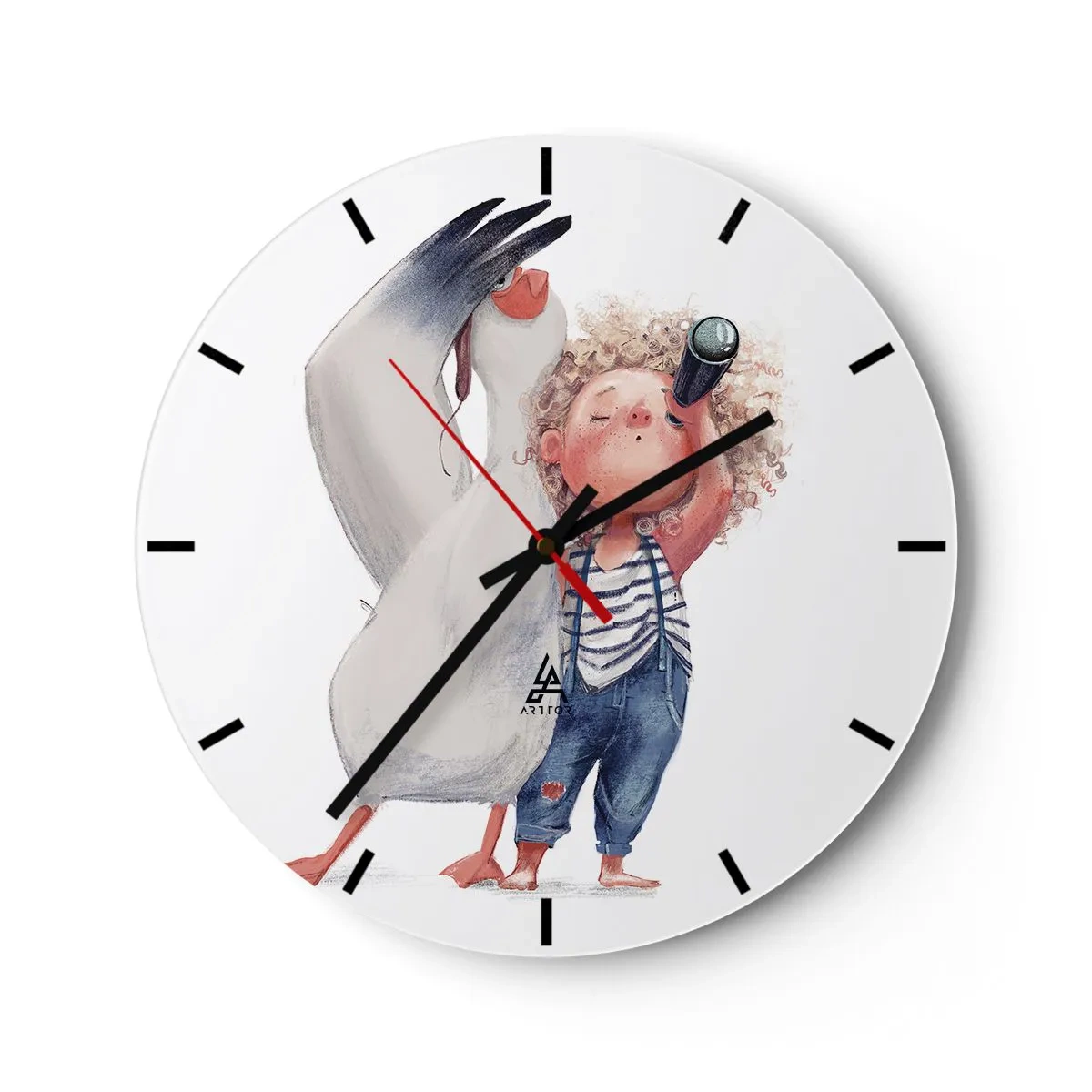 Nástenné hodiny - Dieťa s ďalekohľadom a veľkým vtákom na bielom pozadí - 30x30cm - Plán na skvelú cestu - Moderná nástenná dekorácia do obývacej izby, kuchyne a spálne ARTTOR
