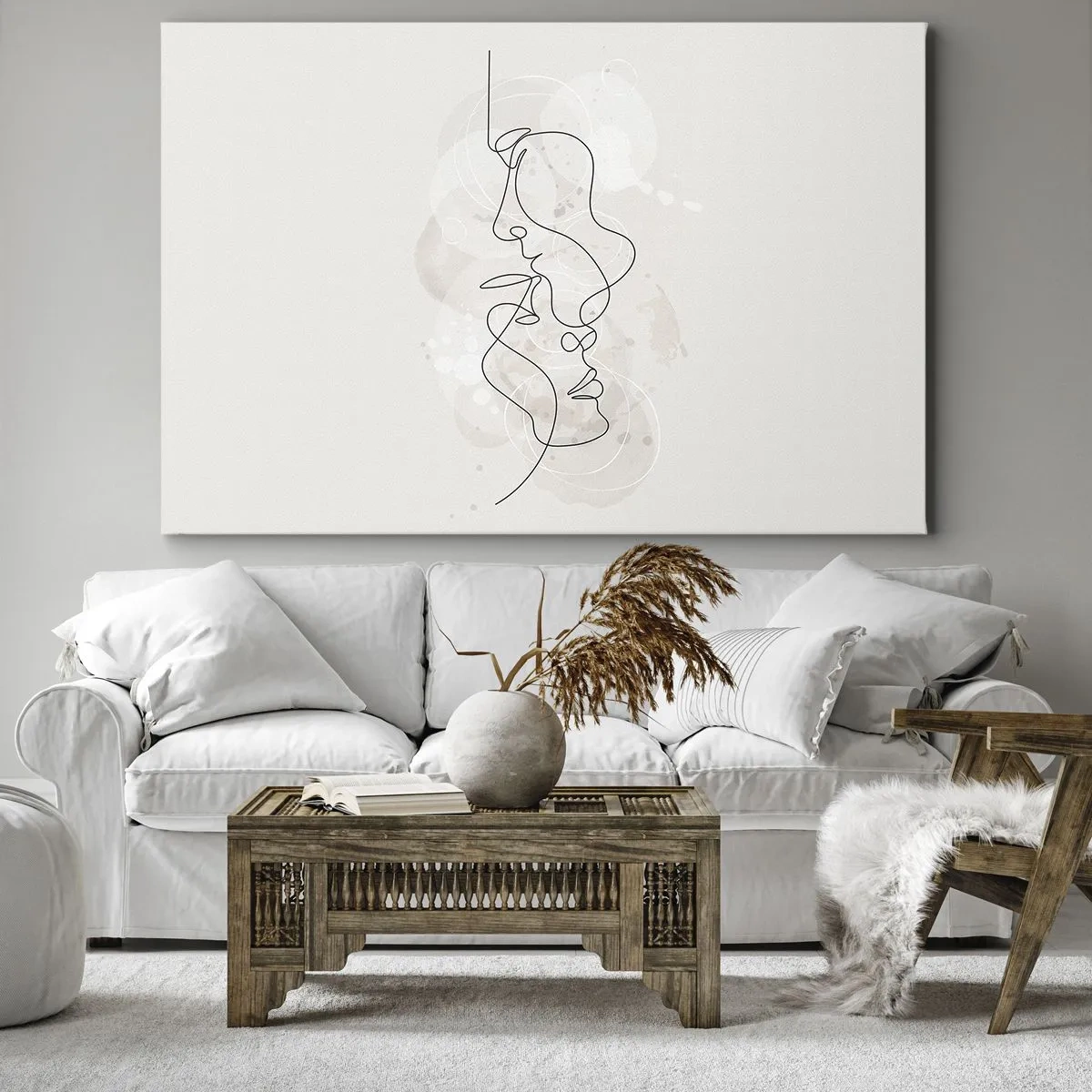 Obraz na plátne - Abstraktný obrys dvoch tvárí na svetlom pozadí - 70x50cm - Zamotaní v objatí - Moderná nástenná dekorácia do obývacej izby a spálne ARTTOR