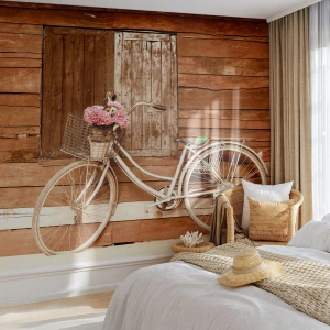 Fototapeta Premium Sand - Hneď sa vrátim - Bicykel, Kvety, Drevený dom - 250x175 cm