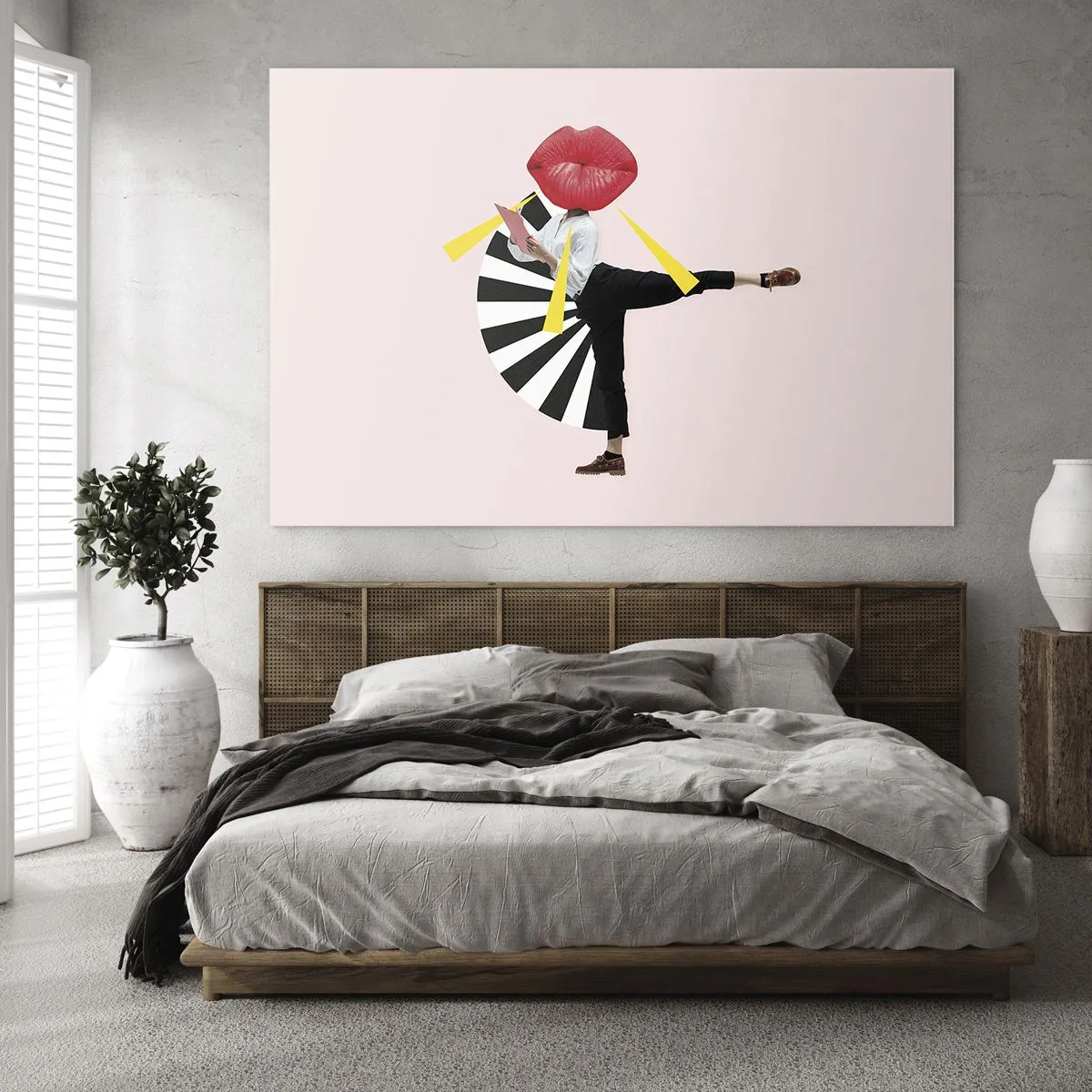 Obraz na skle - Surrealistická pop artová kompozícia s postavou s veľkými ústami na ružovom pozadí. - 70x50cm - Surrealistický pop-art - Moderná nástenná dekorácia do obývacej izby a spálne ARTTOR