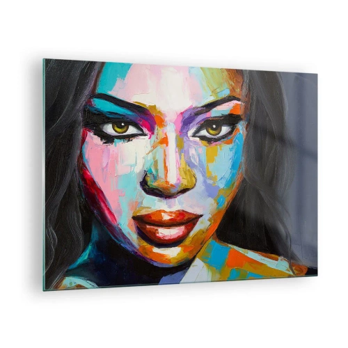 Obraz na skle - Farebný portrét ženy v osobitom štýle - 70x50cm - Nejde odtrhnúť oči - Moderná nástenná dekorácia do obývacej izby a spálne ARTTOR