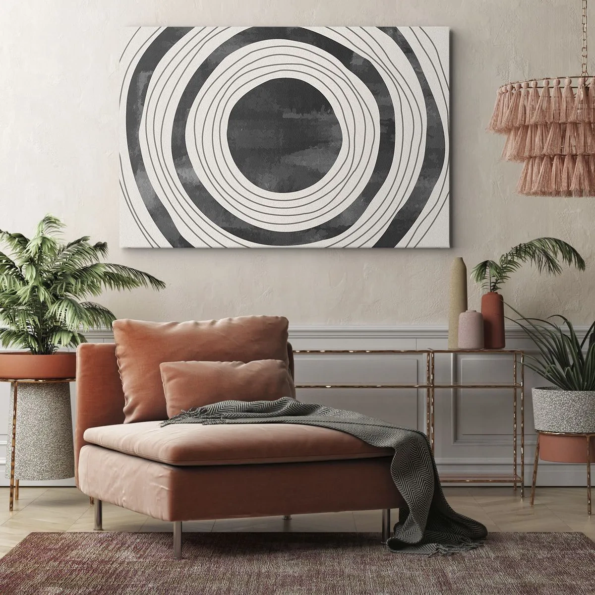 Obraz na plátne - Čiernobiele sústredné kruhy na svetlom pozadí - 70x50cm - Presný zásah - Moderná nástenná dekorácia do obývacej izby a spálne ARTTOR