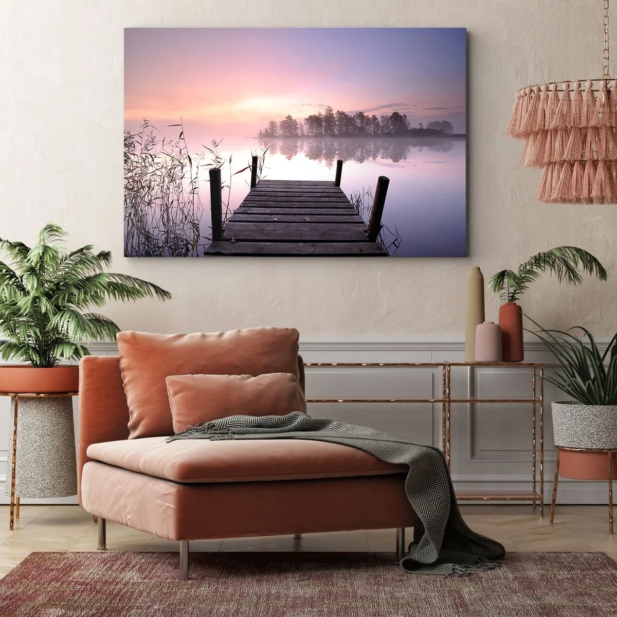 Obraz na plátne - Mólo pri jazere za úsvitu s hmlou a pastelovou oblohou - 70x50cm - Z ľaliovej hmly… - Moderná nástenná dekorácia do obývacej izby a spálne ARTTOR
