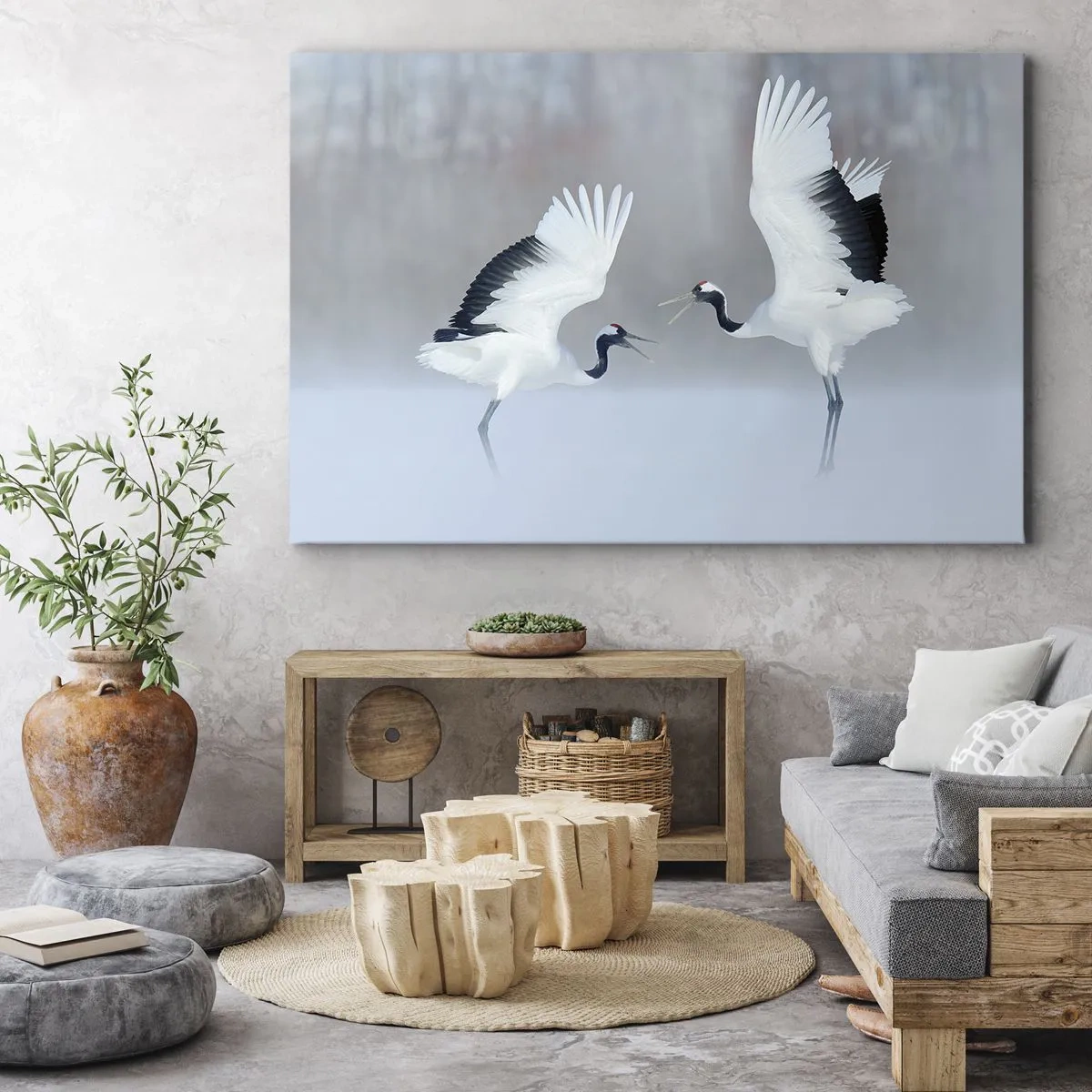 Obraz na plátne - Dva žeriavy tancujú v hmlistej krajine - 70x50cm - Tanec v hmle - Moderná nástenná dekorácia do obývacej izby a spálne ARTTOR