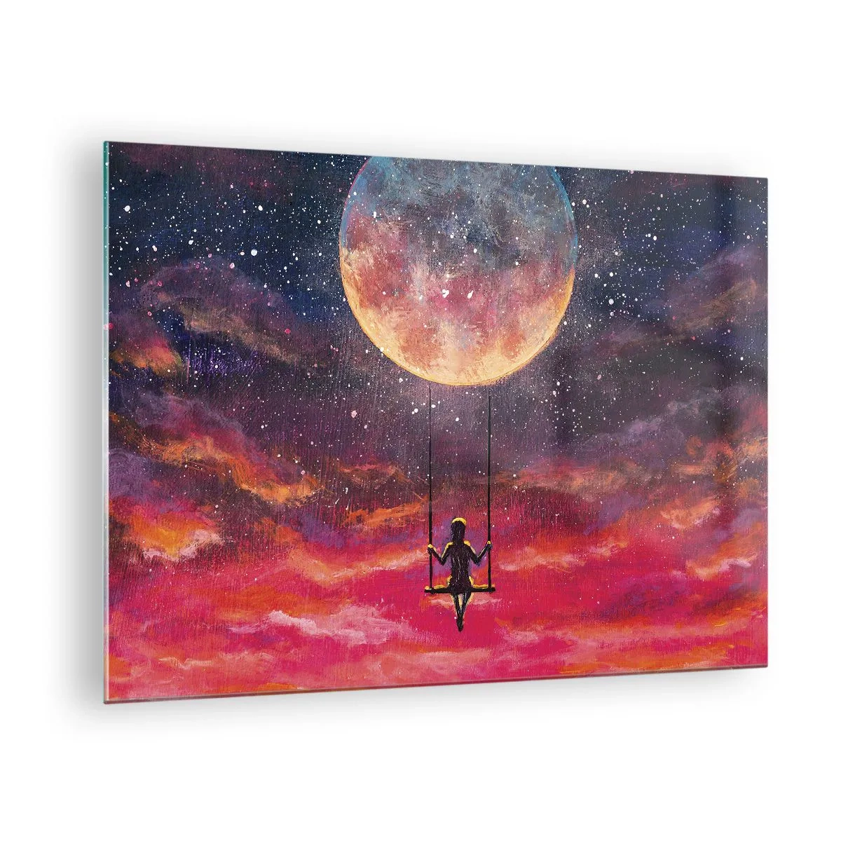 Obraz na skle - Dievča na hojdačke zavesené pod mesiacom - 70x50cm - Stavať si vzdušné zámky - Moderná nástenná dekorácia do obývacej izby a spálne ARTTOR