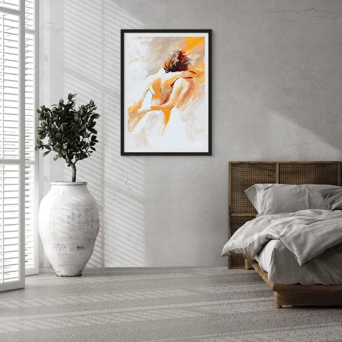 Plagát v čiernom ráme - Abstraktný pár v teplých farbách na svetlom pozadí - 50x70cm - Blízkosť v nebi - Moderná nástenná dekorácia do obývacej izby a spálne ARTTOR