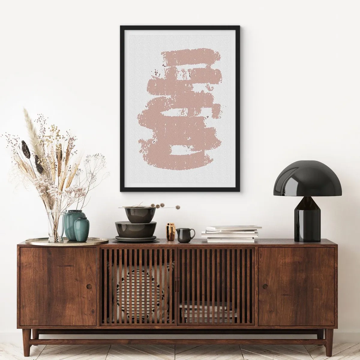 Plagát v čiernom ráme - Minimalistická kompozícia v béžových odtieňoch - 50x70cm - Abstrakcia v jemnej ružovej - Moderná nástenná dekorácia do obývacej izby a spálne ARTTOR