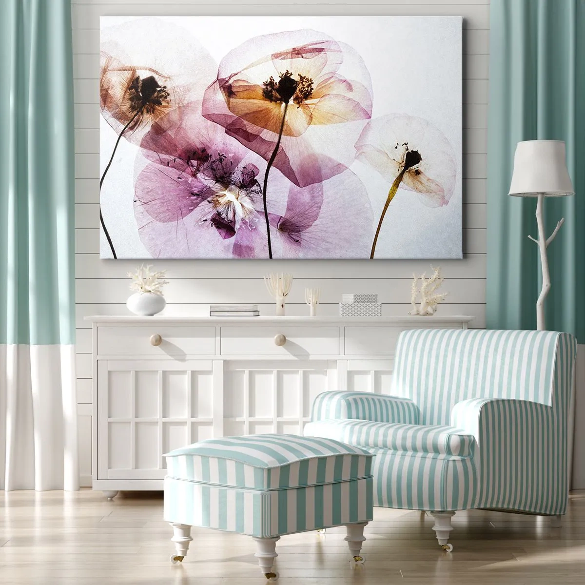 Obraz na plátne - Jemné priehľadné kvety v pastelových odtieňoch - 70x50cm - Priehľadné telá kvetín - Moderná nástenná dekorácia do obývacej izby a spálne ARTTOR