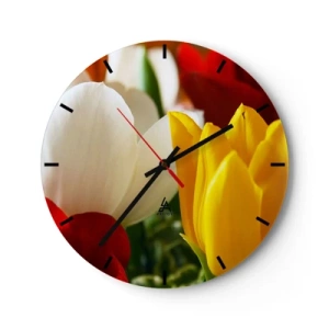 Nástenné hodiny - Detailný záber na farebné tulipány, žlté, biele a červené - 30x30cm - Tulipánová horúčka - Moderná nástenná dekorácia do obývacej izby, kuchyne a spálne ARTTOR