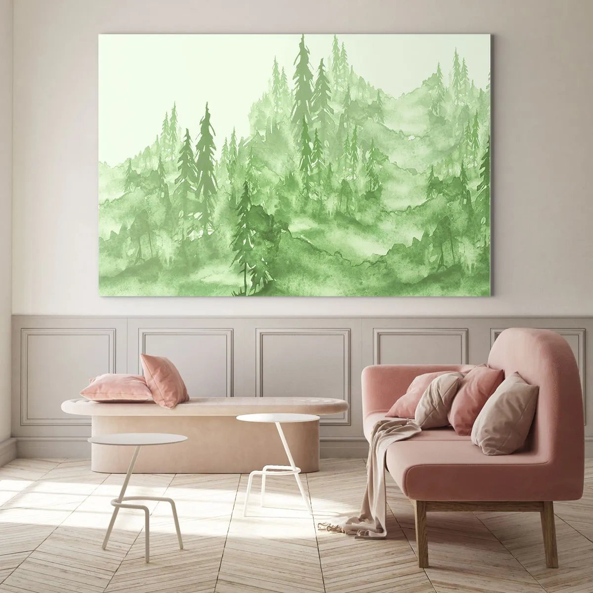 Obraz na skle - Zelený les v akvarelovom štýle - 70x50cm - Rozmazaný zelenou hmlou - Moderná nástenná dekorácia do obývacej izby a spálne ARTTOR