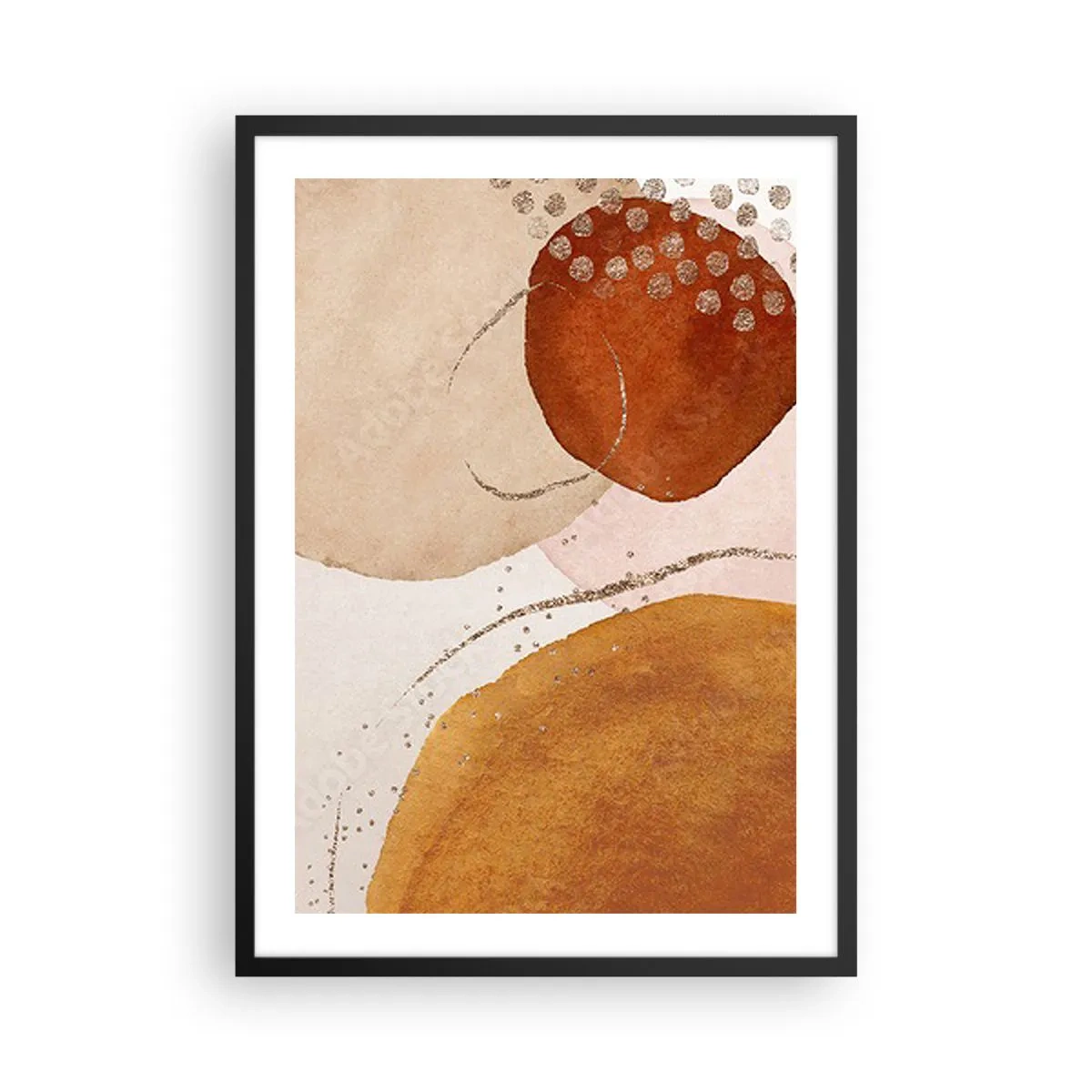 Plagát v čiernom ráme - Abstraktné tvary v odtieňoch béžovej, hnedej a zlatej - 50x70cm - Zaoblenie a pohyb - Moderná nástenná dekorácia do obývacej izby a spálne ARTTOR