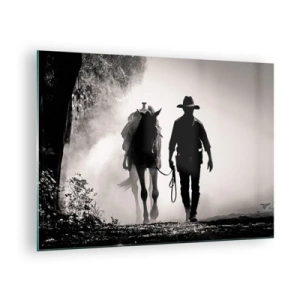 Obraz na skle - Silueta kovboja, ktorý vedie koňa cez hmlistú krajinu - 70x50cm - Texaské ráno - Moderná nástenná dekorácia do obývacej izby a spálne ARTTOR