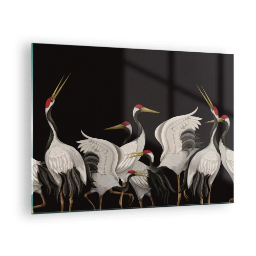 Obraz na skle - Biele žeriavy s červenými hlavami na čiernom pozadí - 70x50cm - Vtáčie záležitosti - Moderná nástenná dekorácia do obývacej izby a spálne ARTTOR