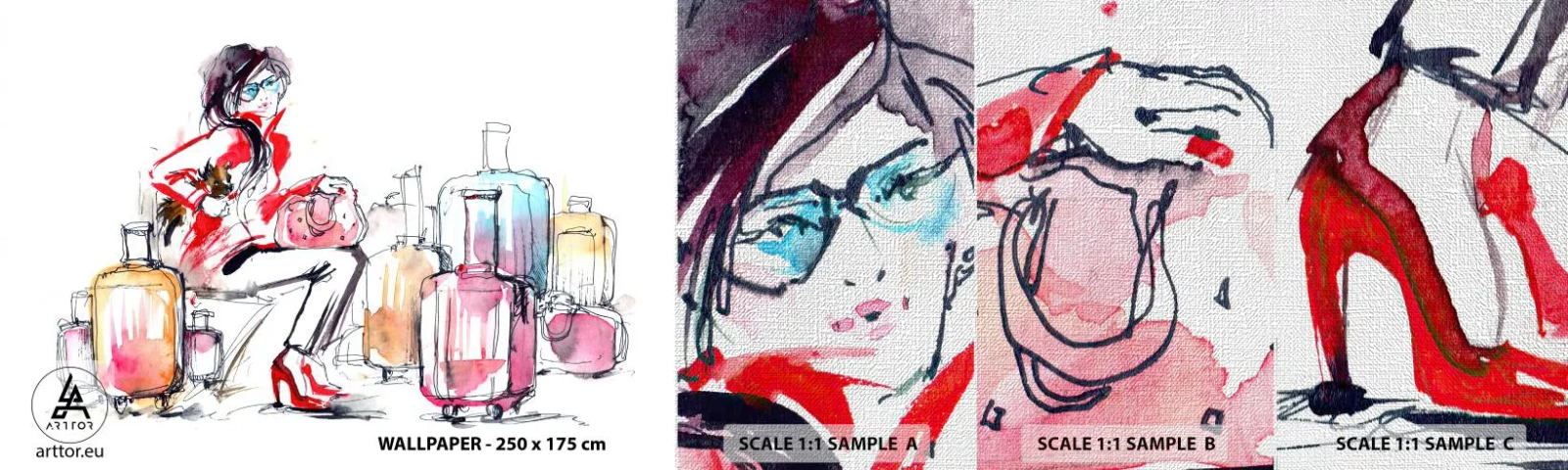 Vzorka fototapety Premium Canvas - Posaďme sa pred cestou - Žena, Výlet, Kufor - 100x30 cm