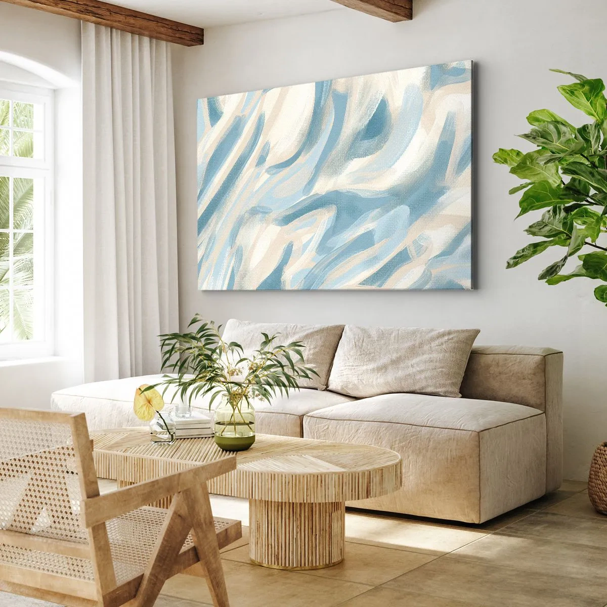 Obraz na plátne - Abstraktné modré pruhy na svetlom pozadí - 70x50cm - Jarné závany - Moderná nástenná dekorácia do obývacej izby a spálne ARTTOR