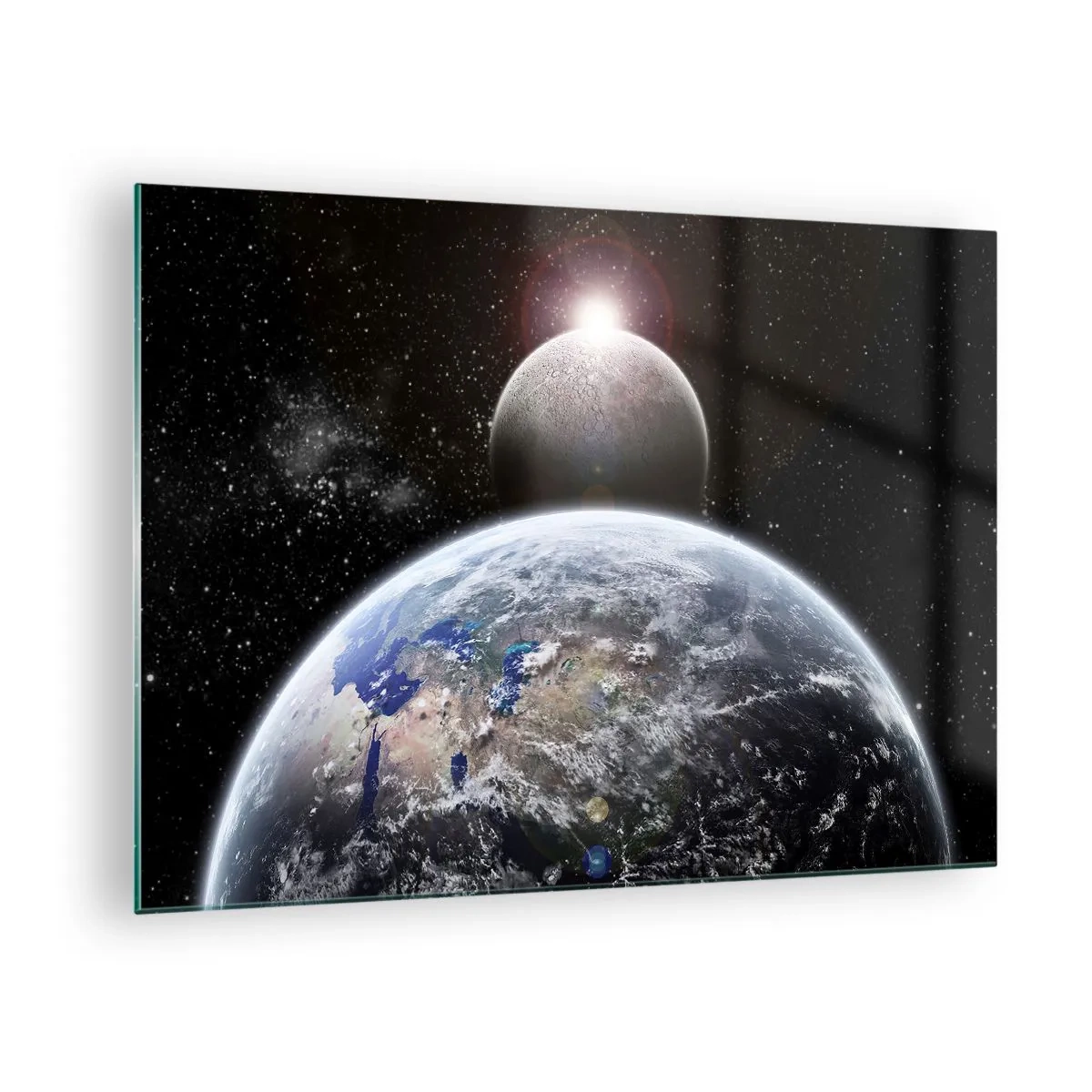 Obraz na skle - Zem a Mesiac vo vesmíre - 70x50cm - Vesmírna krajina - východ slnka - Moderná nástenná dekorácia do obývacej izby a spálne ARTTOR