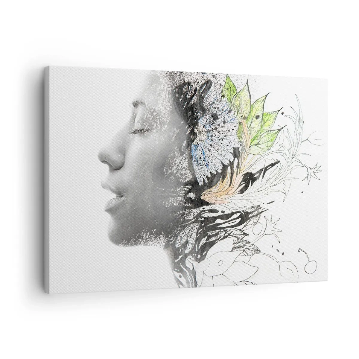 Obraz na plátne - Profil ženy v umeleckej koláži prírody a temnoty - 70x50cm - Ponorená do prírody - Moderná nástenná dekorácia do obývacej izby a spálne ARTTOR