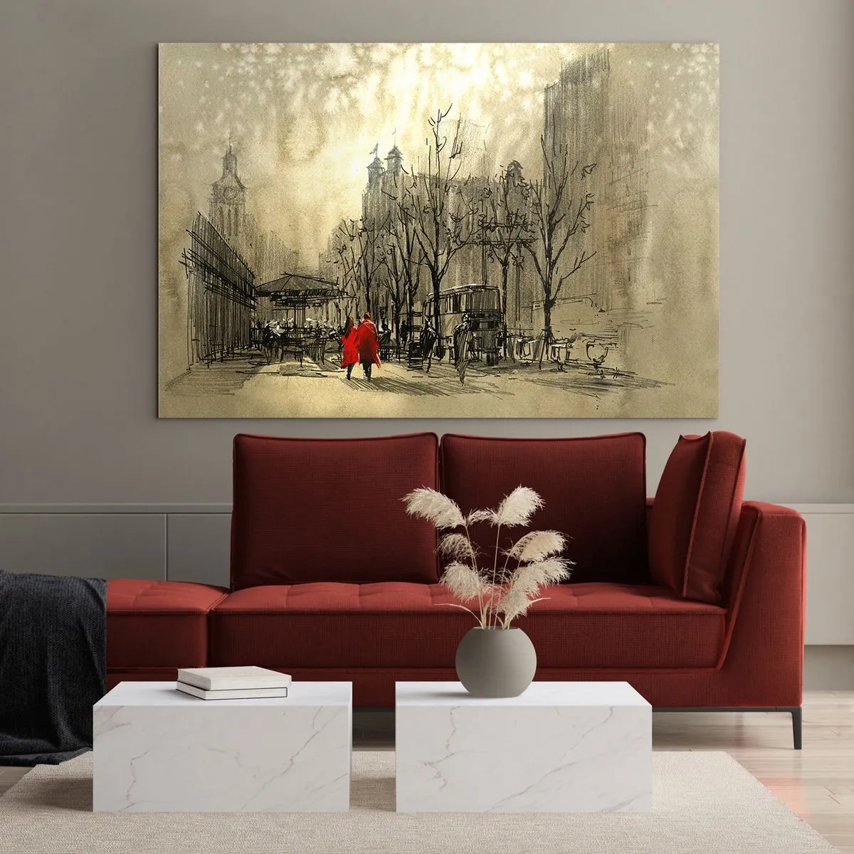 Obraz na skle - Rande v londýnskej hmle s prízvukom červeného kabáta - 70x50cm - Rande v londýnskej hmle  - Moderná nástenná dekorácia do obývacej izby a spálne ARTTOR