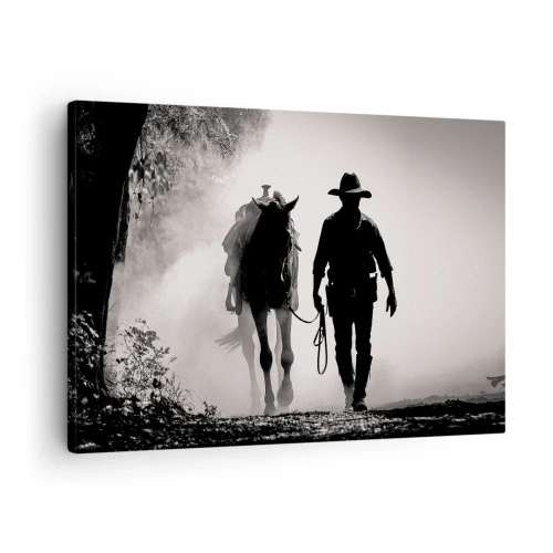 Obraz na plátne - Kovboj s koňom v rannej hmle - 70x50cm - Texaské ráno - Moderná nástenná dekorácia do obývacej izby a spálne ARTTOR