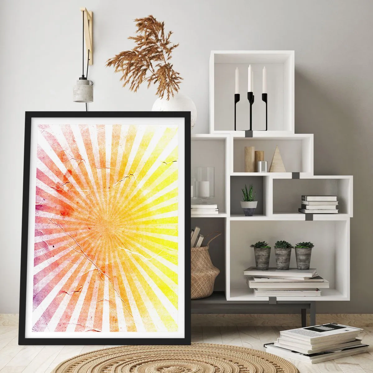 Plagát v čiernom ráme - Abstraktný vzor lúčov v odtieňoch žltej a červenej - 50x70cm - Východy a západy - Moderná nástenná dekorácia do obývacej izby a spálne ARTTOR
