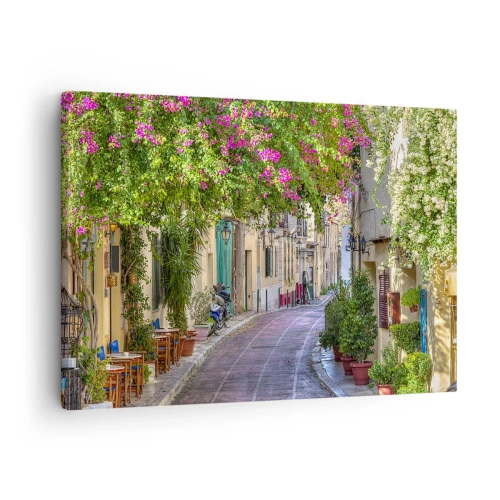 Obraz na plátne - Očarujúca ulica s kvitnúcimi viničmi a kaviarňami - 70x50cm - Kvitnúce zákutie - Moderná nástenná dekorácia do obývacej izby a spálne ARTTOR
