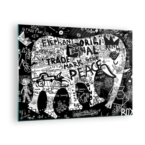 Obraz na skle - Čiernobiele graffiti s témami mieru a slobody - 70x50cm - Bohatý svet ulice - Moderná nástenná dekorácia do obývacej izby a spálne ARTTOR