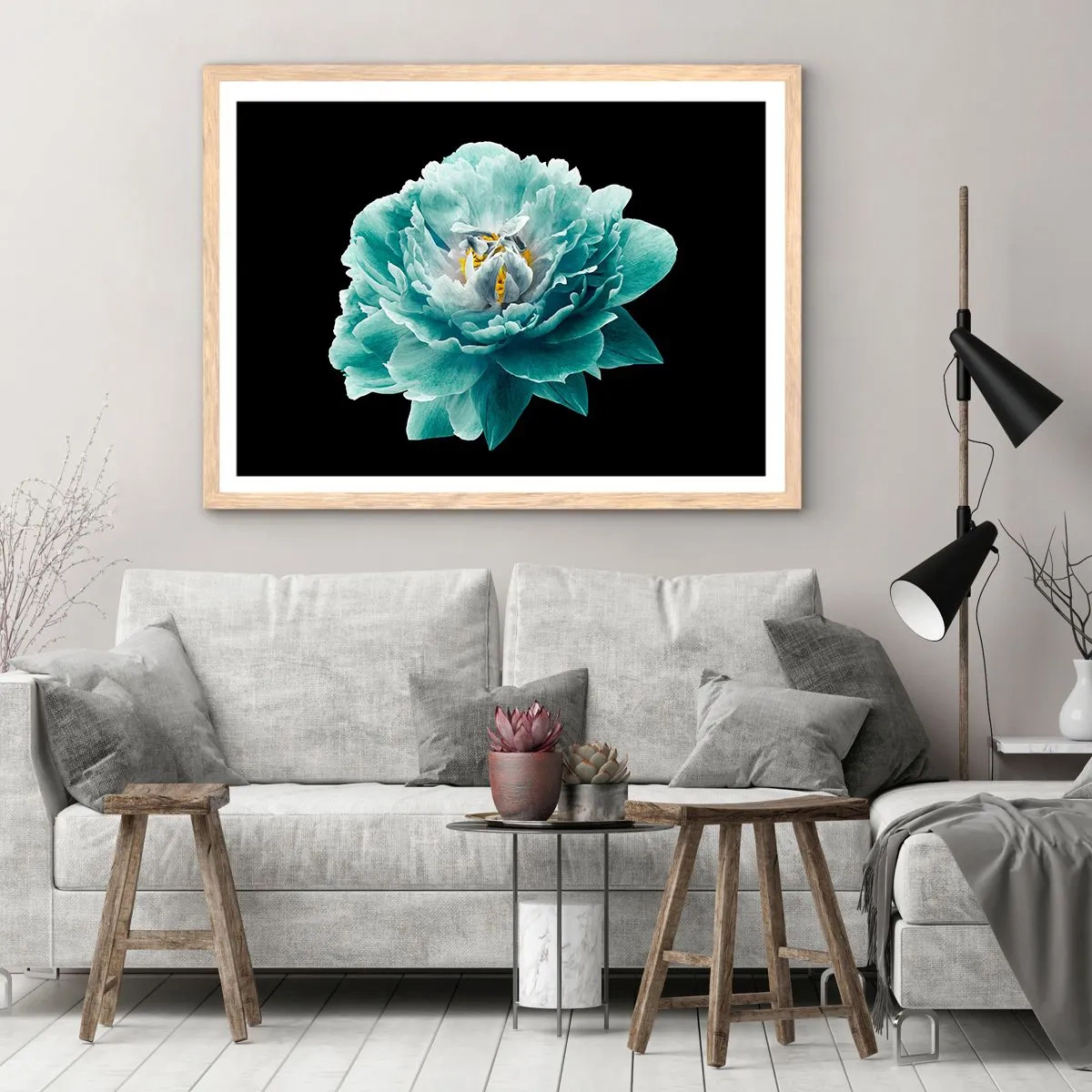 Plagát v ráme zo svetlého duba - Modré a zlaté okvetné lístky - 100x70 cm