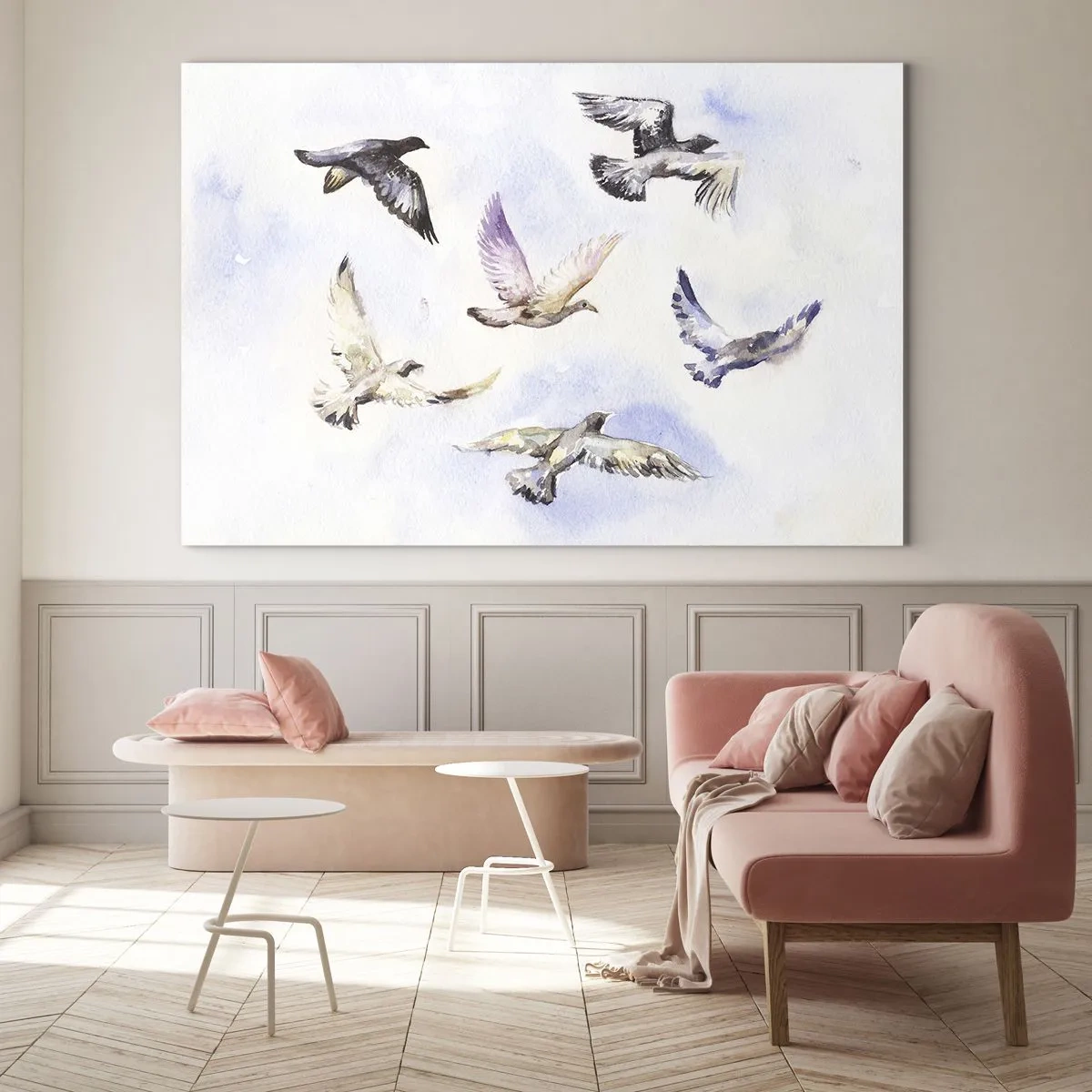 Obraz na skle - Vtáky za letu proti jasnej oblohe - 70x50cm - Sloboda v šedej a modrej - Moderná nástenná dekorácia do obývacej izby a spálne ARTTOR