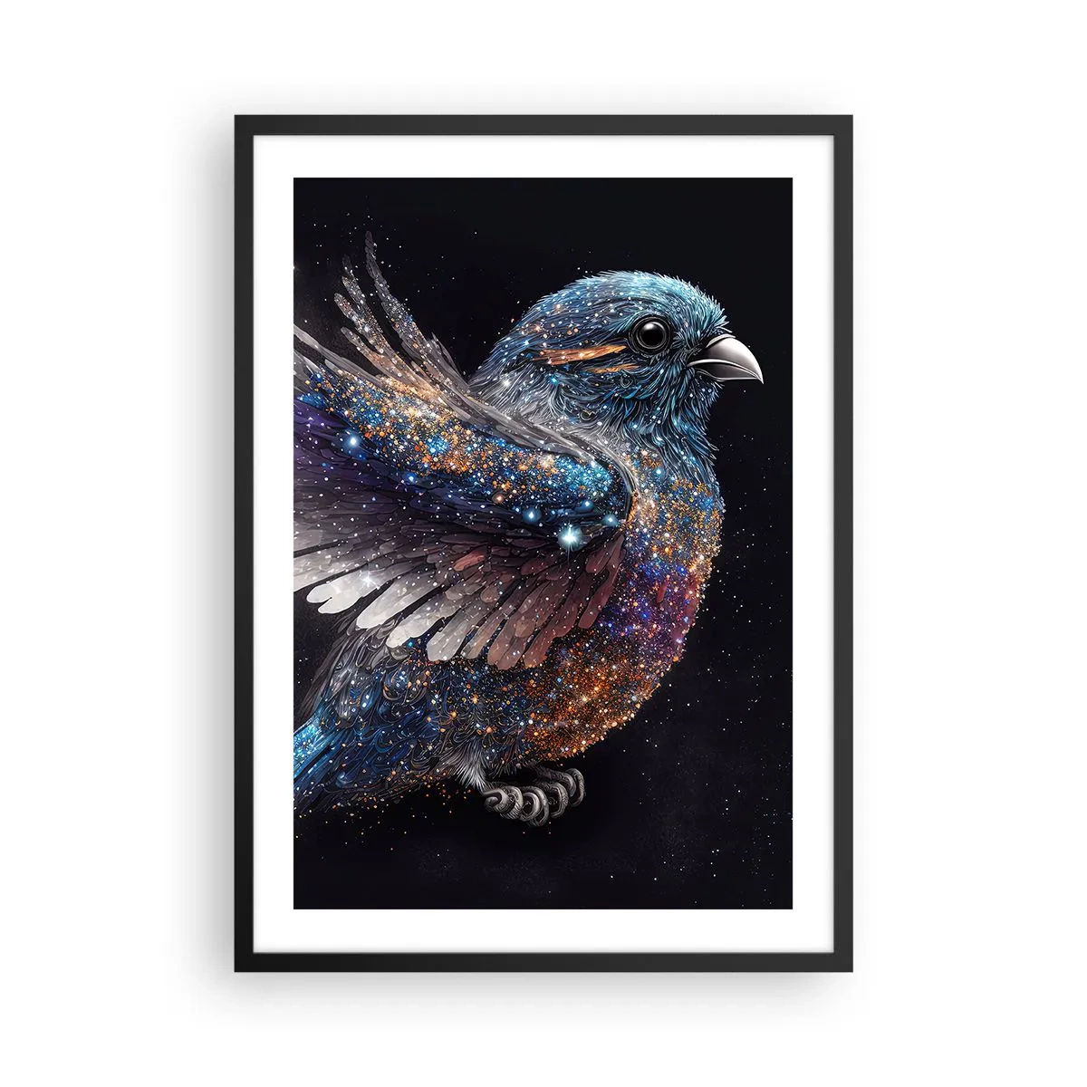 Plagát v čiernom ráme - Vesmírny vták s hviezdnym perím na čiernom pozadí - 50x70cm - Diamantový vrabec - Moderná nástenná dekorácia do obývacej izby a spálne ARTTOR