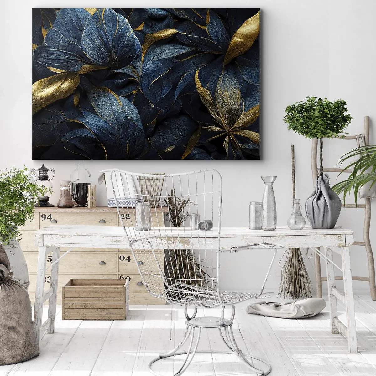 Obraz na plátne - Elegantné listy v odtieňoch zlatej a tmavomodrej - 70x50cm - Podšívané zlatom - Moderná nástenná dekorácia do obývacej izby a spálne ARTTOR