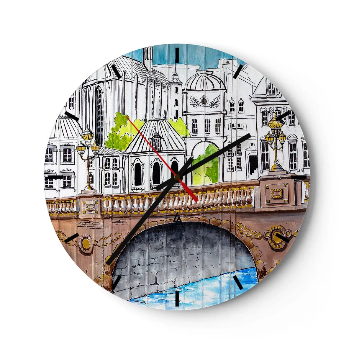 Nástenné hodiny - Ilustrácia mestskej architektúry s mostom - 30x30cm - Mesto ako maľované - Moderná nástenná dekorácia do obývacej izby, kuchyne a spálne ARTTOR